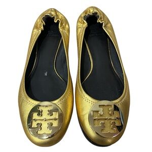 Tory Burch Womens Metallic Logo Reva Leather Ballet Flats Size: 10.5 50008619